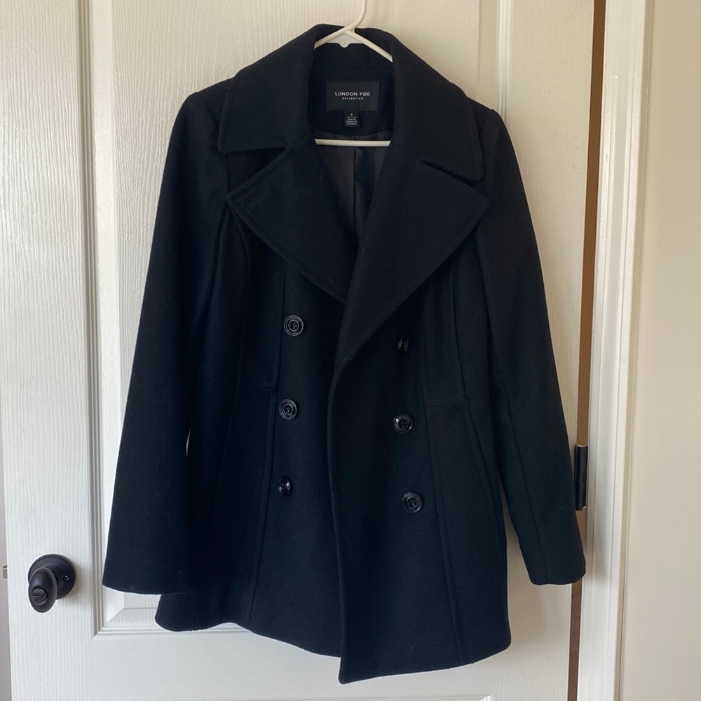 Black wool double breasted pea coat